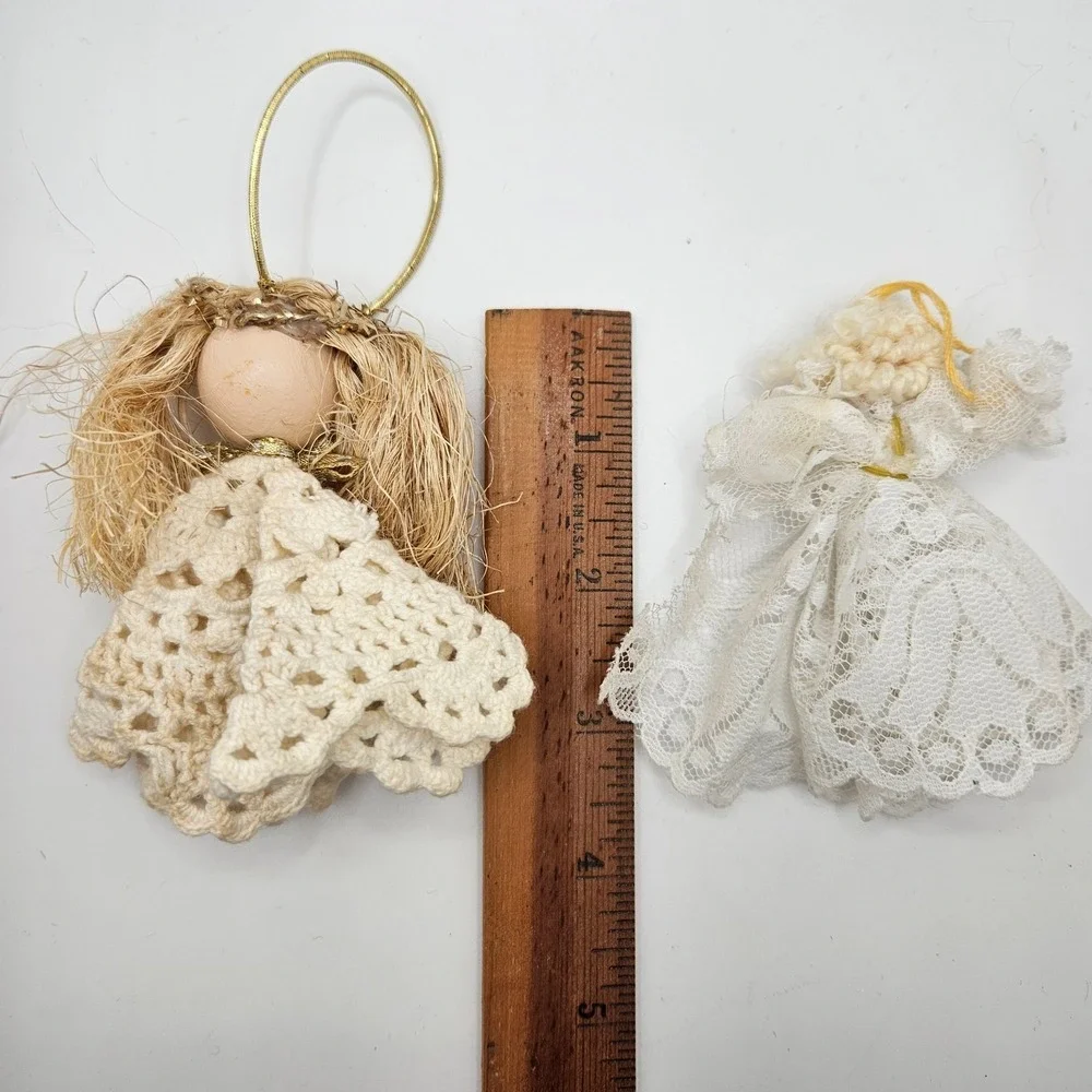 Vintage Handmade Angel Christmas Ornaments Lot of 2 Crochet Lace Wood‎ Head